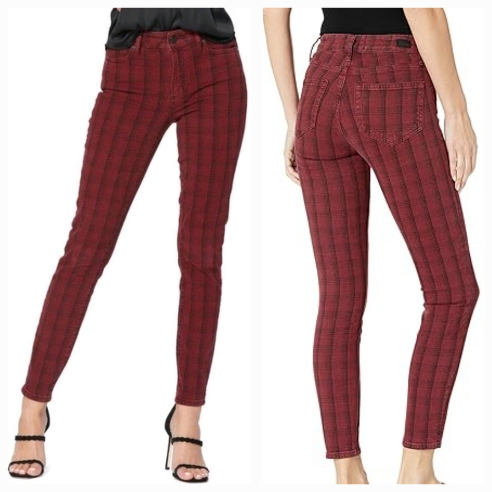 PAIGE Red Plaid Skinny Jeans